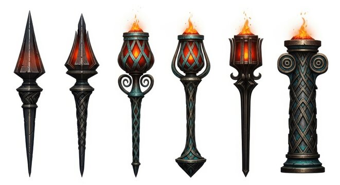 Set of Fantasy Medieval Torches and Braziers with Glowing Flames and Intricate Carvings for Game Design Assets