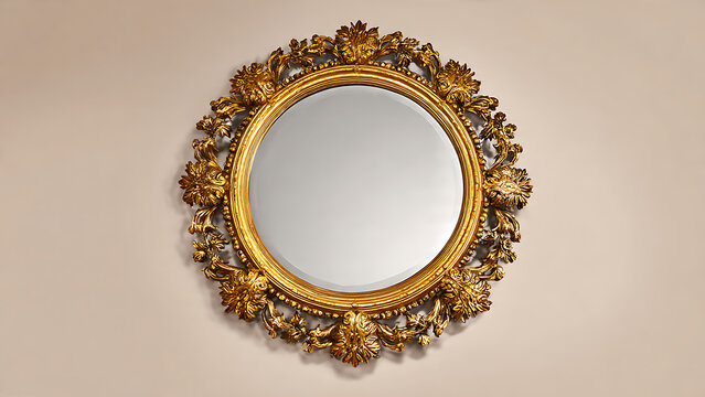 Antique Gold Gilded Ornate Mirror with Floral Accents on Beige Wall