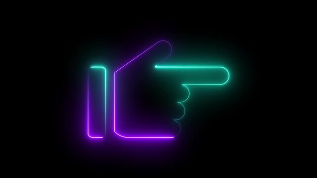 Neon glowing hand pointer animation, cyberpunk style directional sign, digital interface ui for web and app vibrant purple and cyan light effect