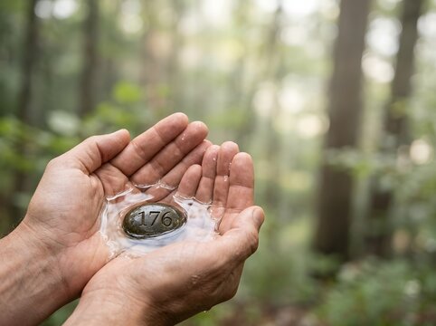 Close-up of human hands cupping clear water holding a smooth dark stone engraved with number 176, set against a lush blurred forest background with soft natural daylight.