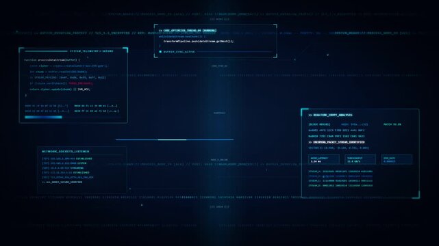 Futuristic Digital Data Code Loop with Glowing Blue UI Panels and Horizontal Streaming Information on Dark Background