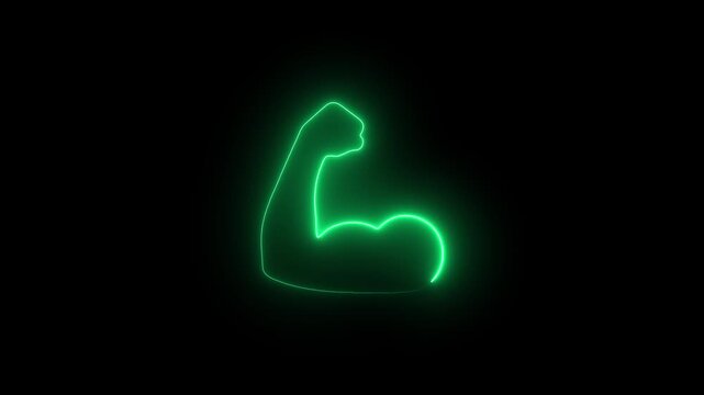 Neon green flexing bicep animation, glowing muscle symbol for fitness and strength branding