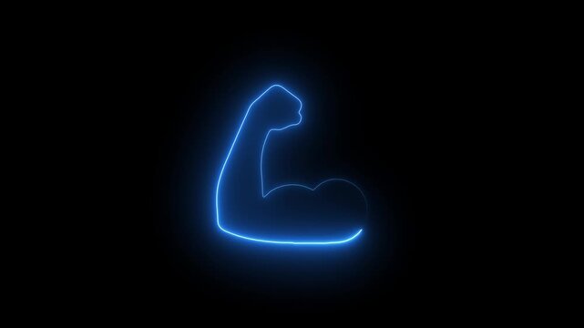 Neon bicep flex animation: glowing blue muscle symbol for fitness and strength branding power