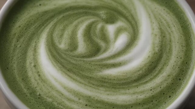 frothy matcha latte with its signature vibrant green color and delicate swirling foam patterns, a macro and full-frame texture shot, close-up texture, top view