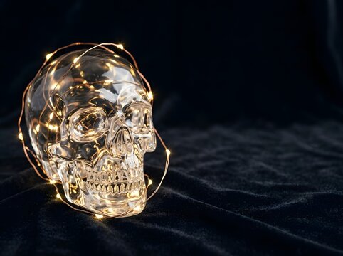 Close-up side view of a transparent glass skull wrapped in warm LED fairy lights on a black velvet fabric background, showcasing intricate details and glowing reflections in a dark setting.