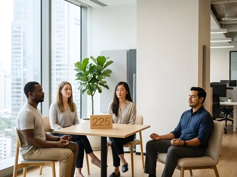 Diverse group of multi-ethnic colleagues meditating with closed eyes in a modern bright office around a wooden table featuring a numbered sign near a large window view.