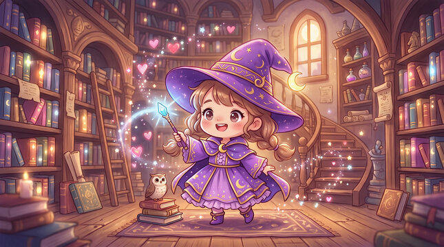 Witch girl standing in a library holds a glowing magic wand surrounded by floating hearts and sparkles.