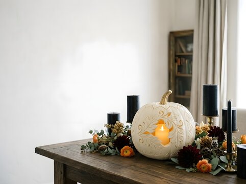 Elegant Autumn Table Centerpiece Featuring an Intricately Carved White Pumpkin with Internal Candle Light, Dark Floral Arrangements and Black Taper Candles on a Rustic Wooden Table.