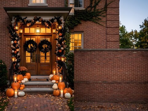 Elegant brick house entrance decorated for Halloween featuring orange and white pumpkins, lit lanterns, candles, black wreaths on double wooden doors, and autumn leaves at dusk.
