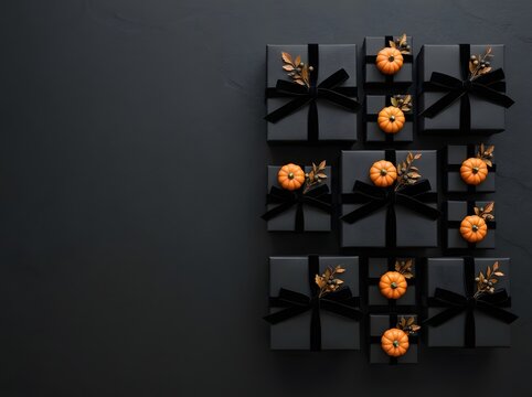Elegant flat lay of matte black gift boxes on a dark background, decorated with plush black velvet ribbons, miniature orange pumpkins, and dried autumn foliage with copy space.