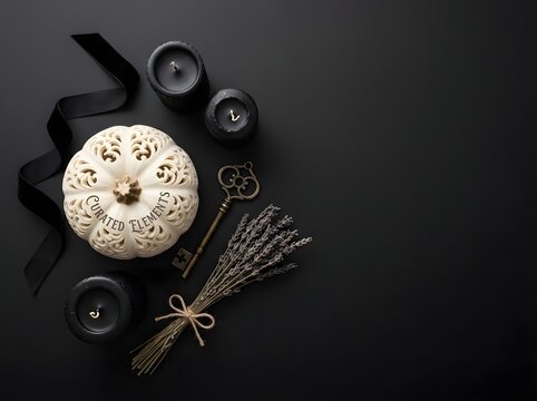 Elegant Halloween flat lay featuring an ornate white carved pumpkin with Curated Elements text, black pillar candles, a vintage brass key, dried lavender, and ribbon on black surface.