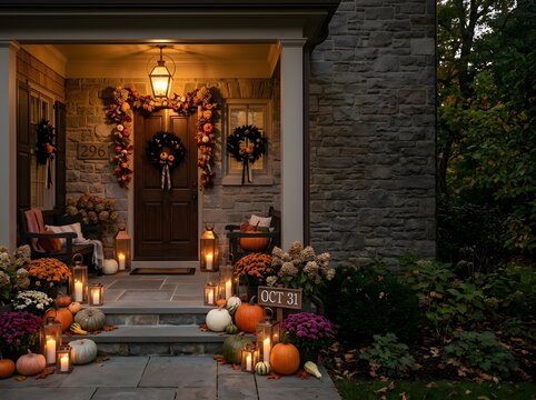 Elegant stone house front porch decorated for Halloween and autumn featuring pumpkins, glowing lanterns, chrysanthemums, floral wreaths, and an October 31 sign under warm evening light.