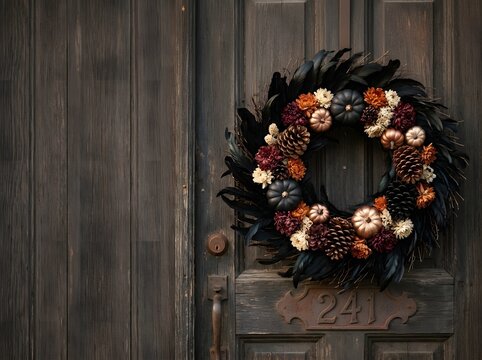 Elegant Halloween wreath with black feathers, metallic and matte pumpkins, pinecones, and dried flowers hanging on a rustic dark wooden door featuring house number 241 in autumn.