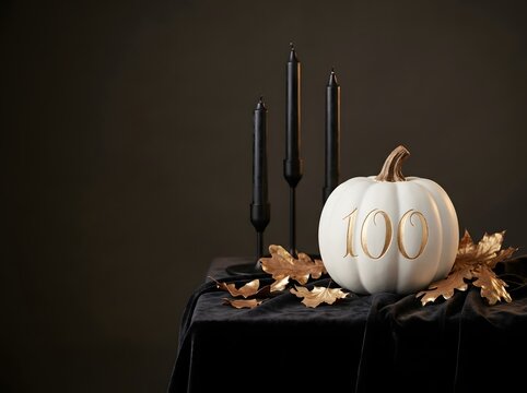 Elegant white pumpkin with gold engraved number 100 on black velvet tablecloth, featuring gold autumn leaves and three tall black candles against a dark, minimalist background.