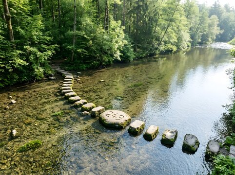 Elevated wide-angle view of a stone stepping path crossing a clear river with 249 engraved on a central rock, surrounded by a lush green forest shoreline in summer daylight.
