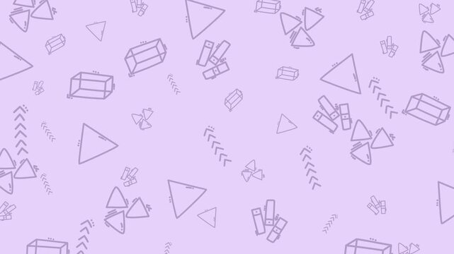 Abstract purple geometric pattern with various shapes like triangles and cubes. Versatile design for backgrounds, textiles, packaging, and decor projects.