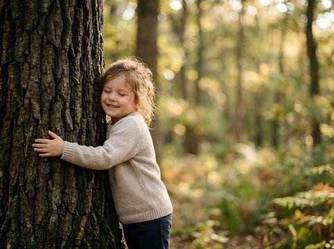 Eye-level portrait of a young girl with closed eyes smiling while hugging a large tree trunk in a sunlit forest during autumn, wearing a beige sweater with soft bokeh background.
