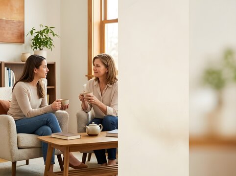 Eye-level shot of a young woman and a mature female therapist sitting in armchairs, holding mugs of tea while having a deep conversation in a bright, modern consultation office.