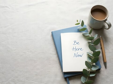 Flat lay of a blue notebook and open journal with the handwritten text "Be Here Now" next to a eucalyptus branch, cup of coffee, and wooden pen on a light textured background.