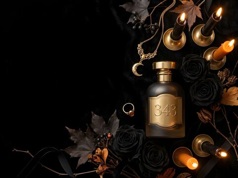 Flat lay of a luxury black perfume bottle labeled 343 surrounded by black roses, lit orange and black candles, gold moon necklace, and autumn leaves on dark velvet background.