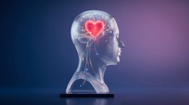 Translucent 3D human head sculpture with glowing red heart and neural light trails, symbolizing emotional intelligence and mindfulness