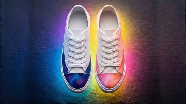Pair of white sneakers with colorful painted toes