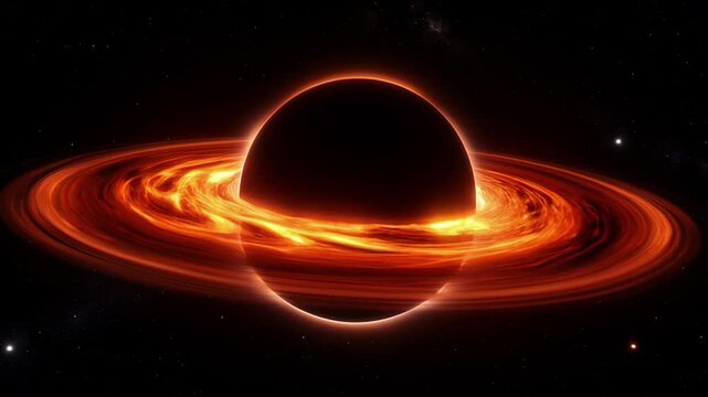 Astronomy science galaxy black hole glowing accretion disk in deep space with orange star field, cosmic energy, celestial ring, dramatic light and dark contrast