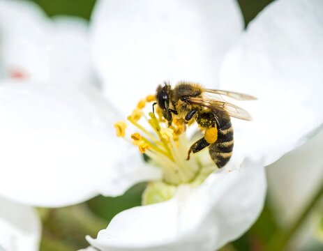 Bumblebee pollinating white flowering shrub close-up.