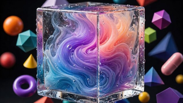 Abstract Swirling Colors Inside Crystal Cube Surrounded by Geometric Shapes.