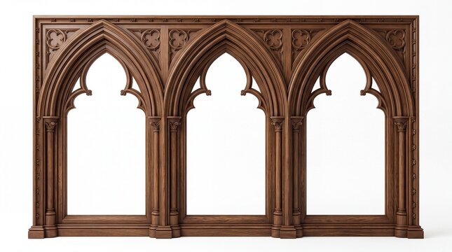 Intricate wooden gothic triple arch frame showcasing detailed craftsmanship with decorative patterns and sharp columns isolated on white background