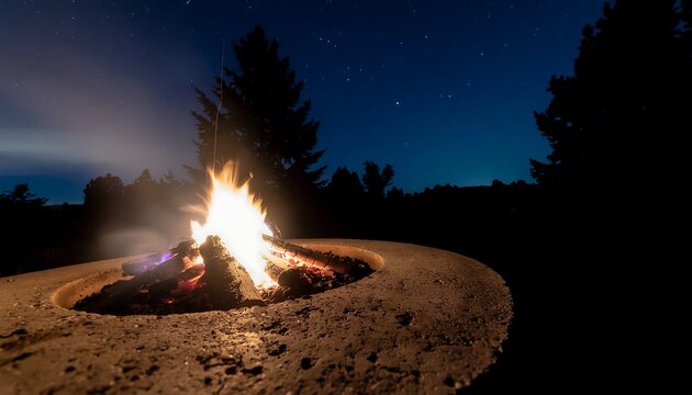Campfire burning in the wilderness at dusk.
