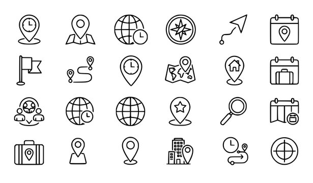 Location navigation and time editable stroke line icon collection with map pin clock calendar and GPS symbols