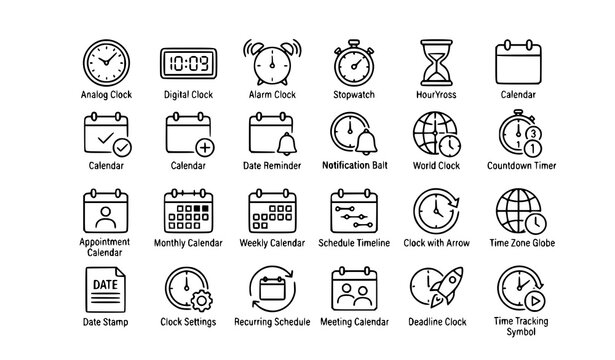 Time and date editable stroke outline icon set with clock calendar schedule and reminder symbols