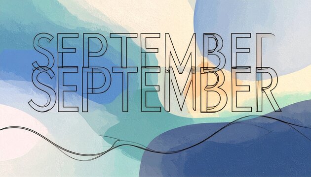 September - continuous one black line with word. Minimalistic drawing of phrase illus 