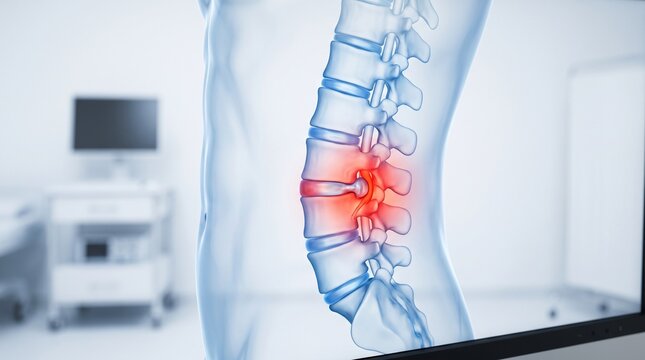 3D medical illustration showing lumbar disc herniation and human spine pain