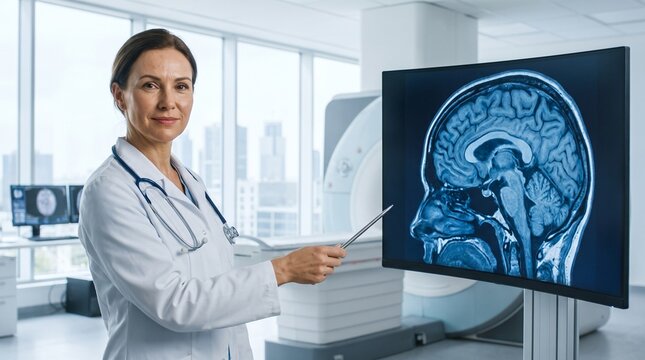 Female doctor pointing at a brain MRI scan on a monitor in a medical facility