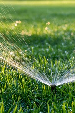 Sprinkler watering green grass lawn in garden