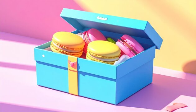 Colorful box filled with assorted macarons against a gradient pink and yellow backdrop