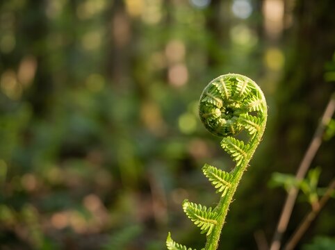 Macro shot of a green fern fiddlehead emerging in a spring forest with soft bokeh background and morning sunlight highlighting the delicate spiraled frond structure.