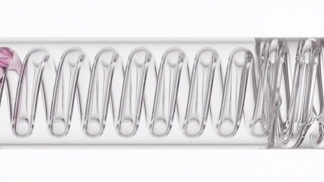 Large-scale close-up of pale soft pink transparent liquid flowing through a horizontally mounted coil laboratory condenser, while cooling water fills the outer jacket on a plain white surface