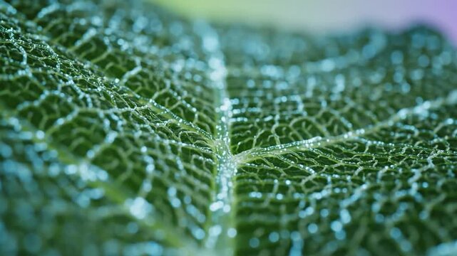 Intricate Green Leaf Vein Macro Pattern With Dew Droplets On A Soft Pastel Background