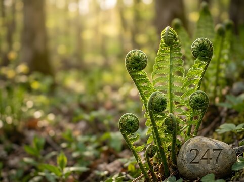 Macro shot of green fern fiddleheads unfurling on a forest floor with a small engraved rock displaying the number 247 under soft natural morning sunlight in a woodland setting.