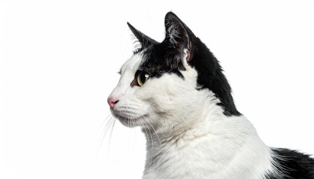 A profile portrait of a black and white cat, ears perked, facing left against a white background