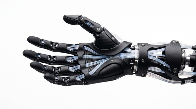 Futuristic robotic prosthetic hand gripping air. Advanced bionic limb with carbon fiber design for medical and tech innovation.