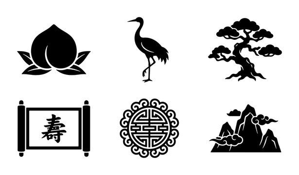 Asian Cultural Icons: Longevity Peach, Crane, Bonsai Tree, Scroll, Shou Symbol, Mountains, Vector Set