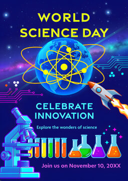  World Science Day celebration poster with cartoon planet earth atom and microscope