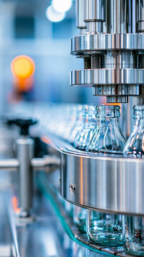 Close-up of automated machinery filling glass bottles, showcasing precision and industrial efficiency in a modern beverage production line.
