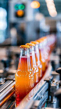 Bottles filled with orange liquid are lined up on a conveyor belt in a beverage production facility.
