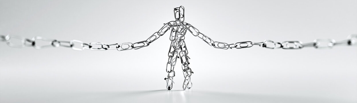 A human figure made of interlinked chains stands with outstretched arms, holding chains extending horizontally on both sides against a white background.