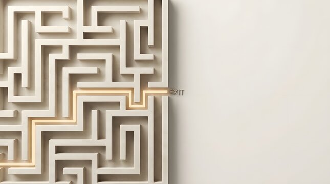 Overhead 3D rendering of a complex white architectural maze featuring a glowing golden light path leading directly to a literal exit text label on a minimalist background.